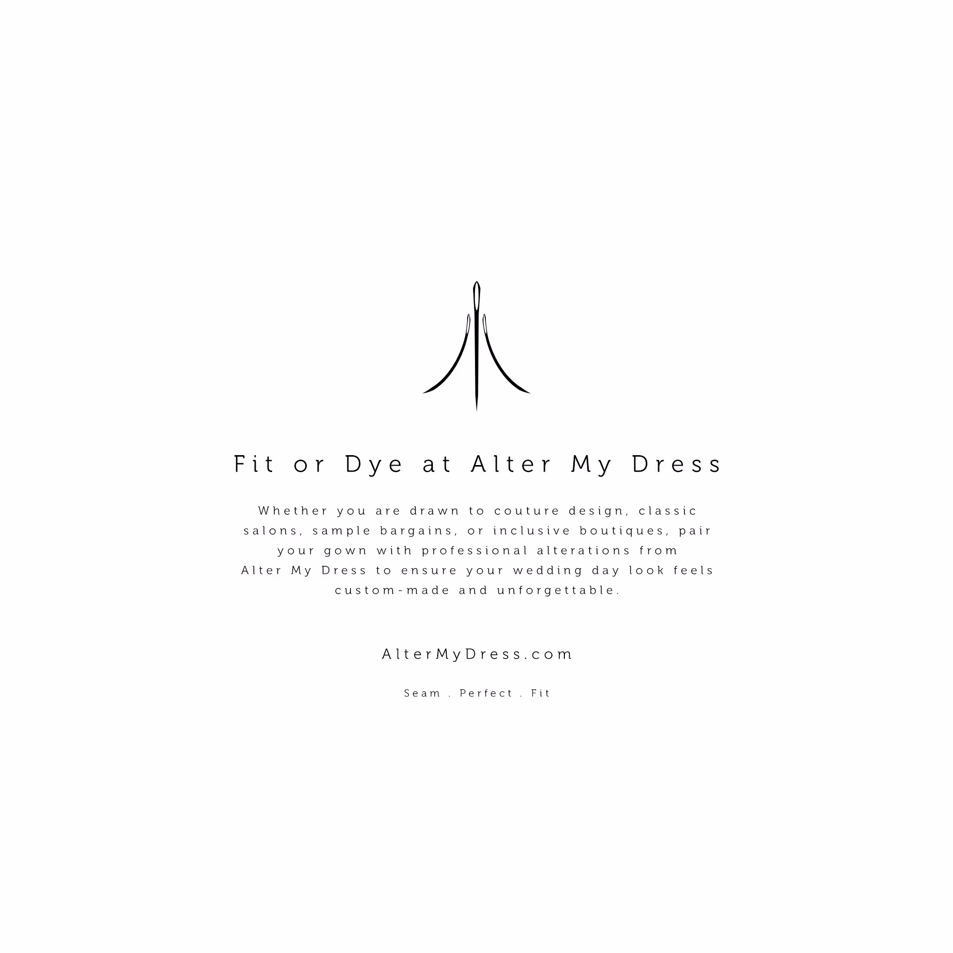 Logo with a sewing needle and thread above text promoting Alter My Dress wedding gown alterations.