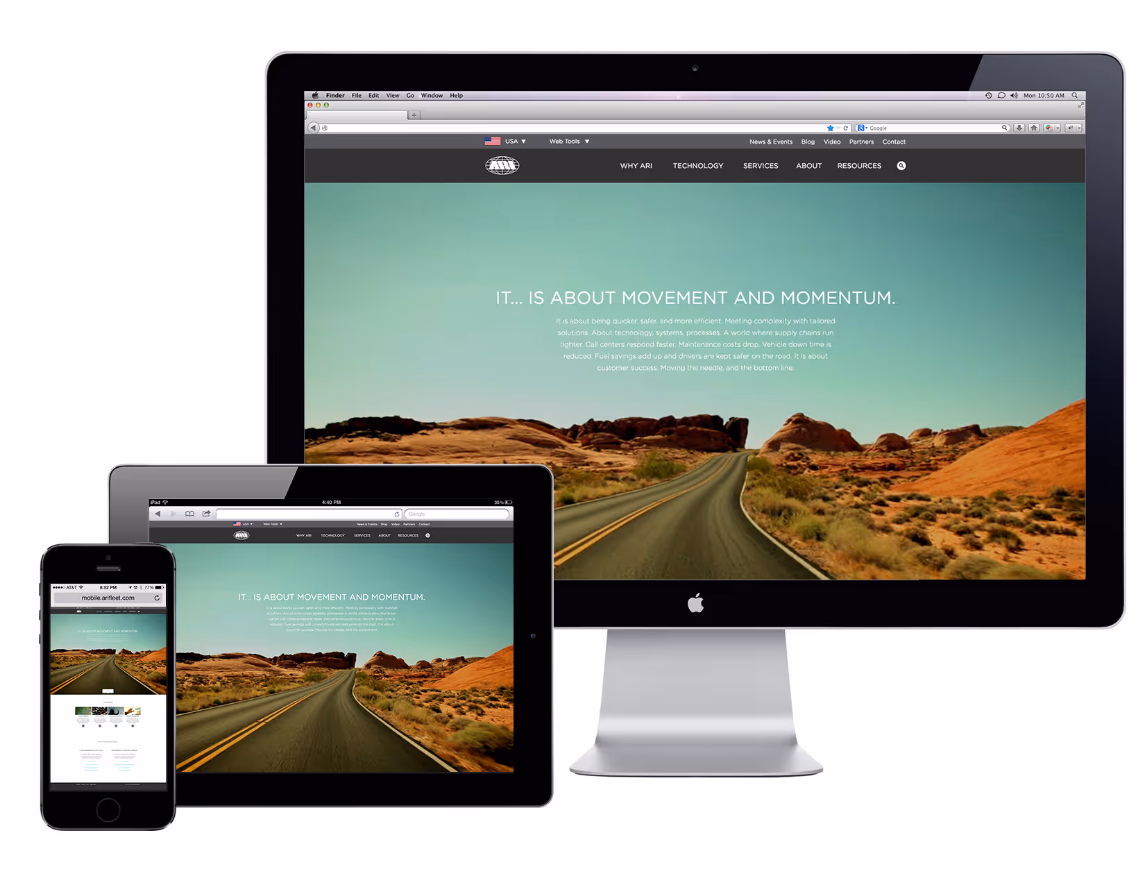 Desktop, tablet, and smartphone displaying a website with a desert road and text about movement and momentum.