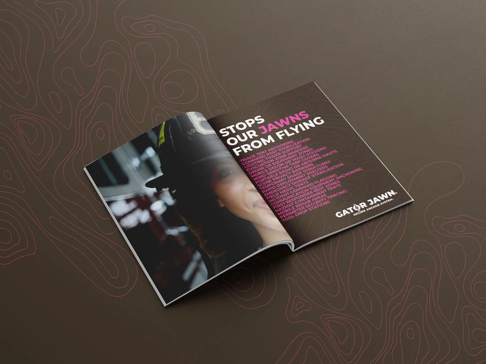 Open magazine with a page showing the headline 'STOPS OUR JAWNS FROM FLYING' and a list of safety and security uses for Gator Jawn secure anchor system.