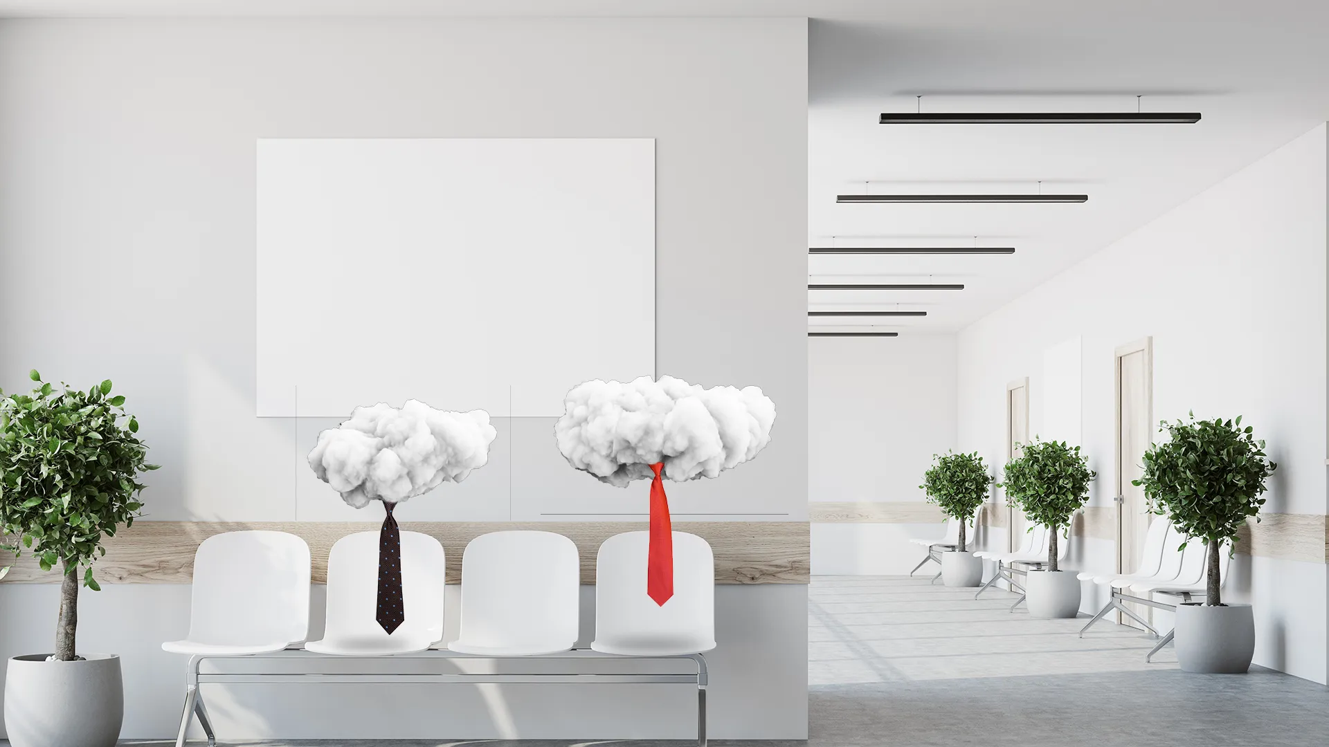 Modern waiting room with white chairs, potted plants, and two chairs featuring clouds wearing neckties.