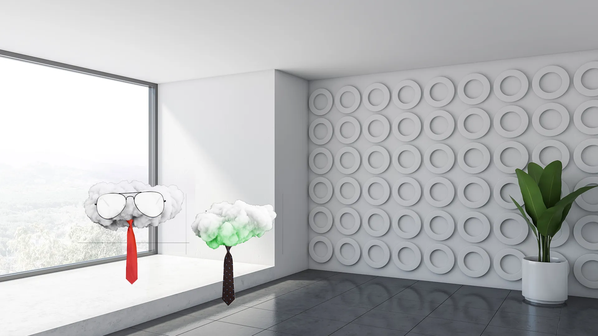Modern room with white walls, circular wall patterns, potted plant, and two cloud shapes wearing ties and one with sunglasses.
