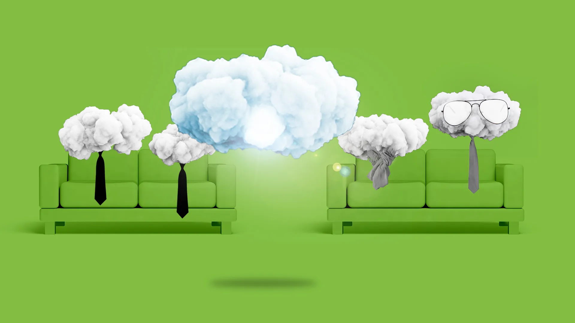 Four green sofas with clouds above each representing people, two clouds have black ties, one has sunglasses and a gray tie, and a large cloud with blue shading floats in the center.