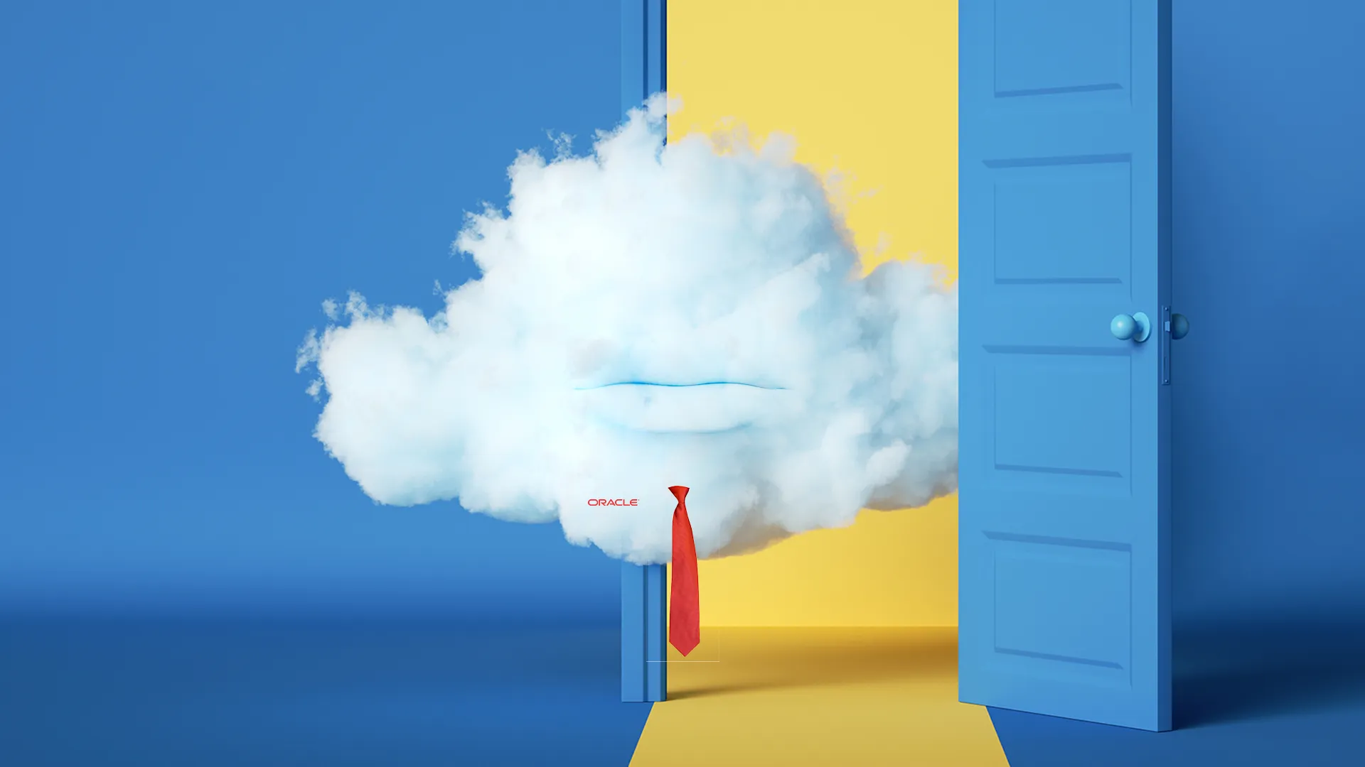 White cloud with lips and a red tie floating in front of a blue door partially open to a yellow room.