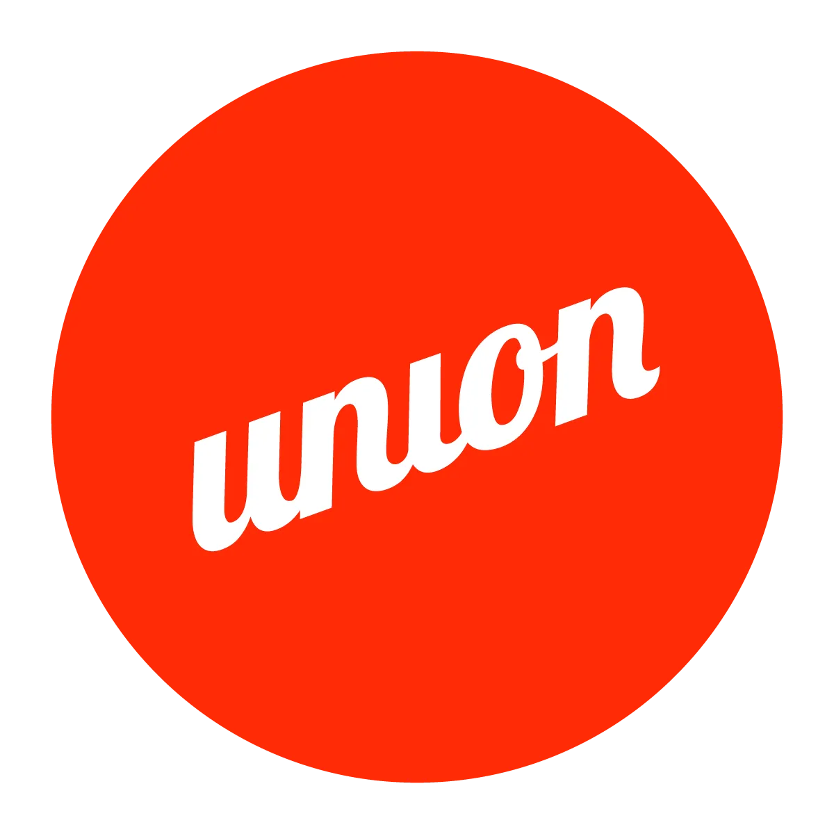 White cursive text 'union' on a bright red circular background.
