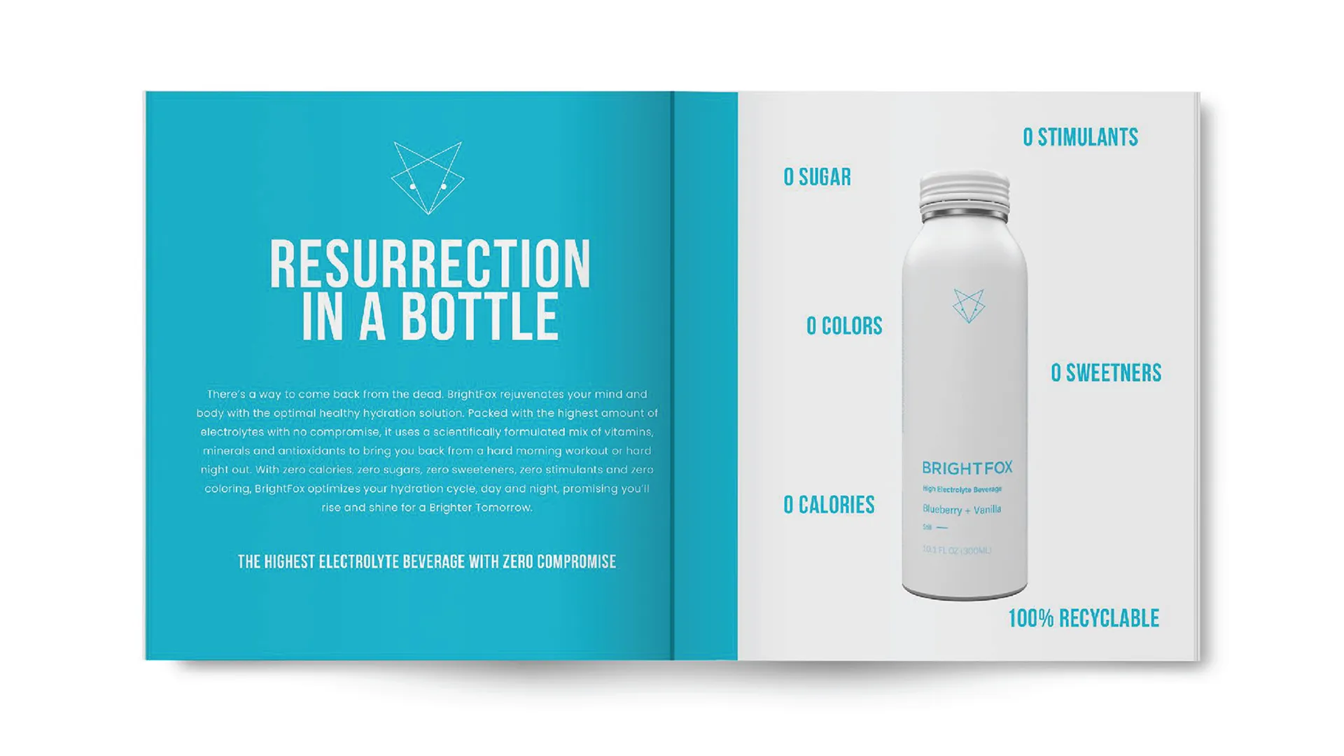 Open brochure showing BrightFox electrolyte beverage bottle labeled Blueberry + Vanilla with claims of zero sugar, colors, calories, sweeteners, stimulants, and 100% recyclable packaging.