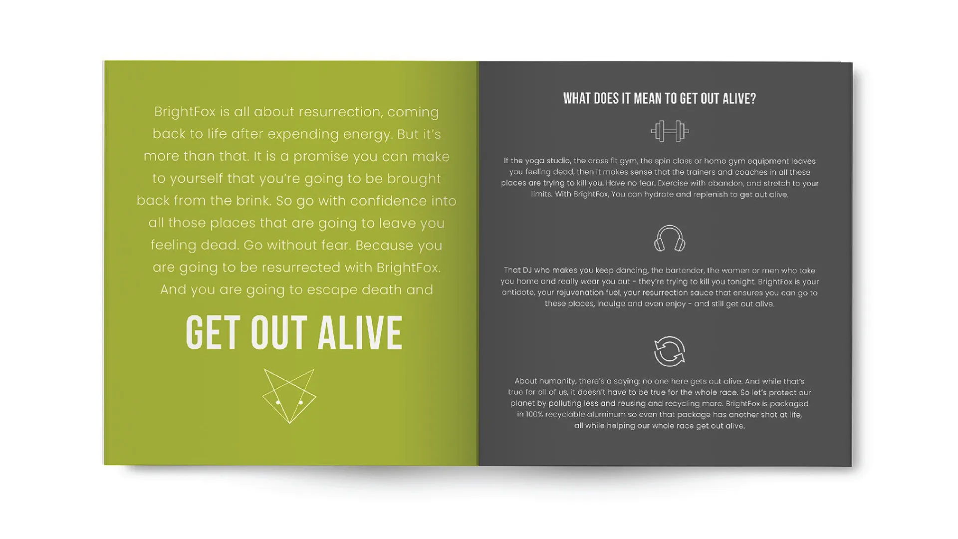 Two-page spread with BrightFox brand message about resurrection and getting out alive, featuring motivational text on green and gray backgrounds with simple icons of a dumbbell, headphones, and recycling arrows.