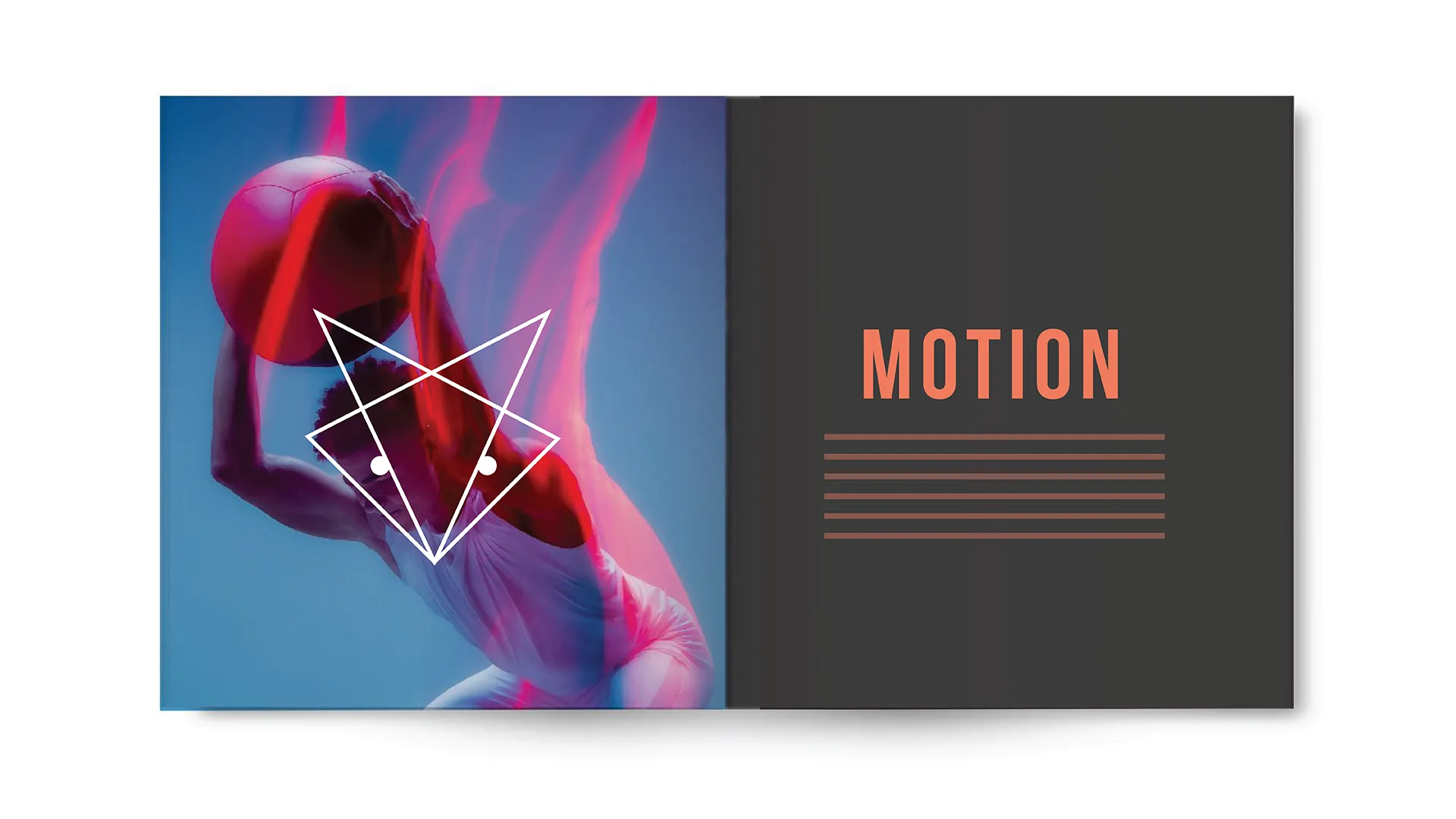 Athlete holding a basketball mid-jump with motion blur effects and geometric fox logo overlay, next to the word MOTION on a dark background.