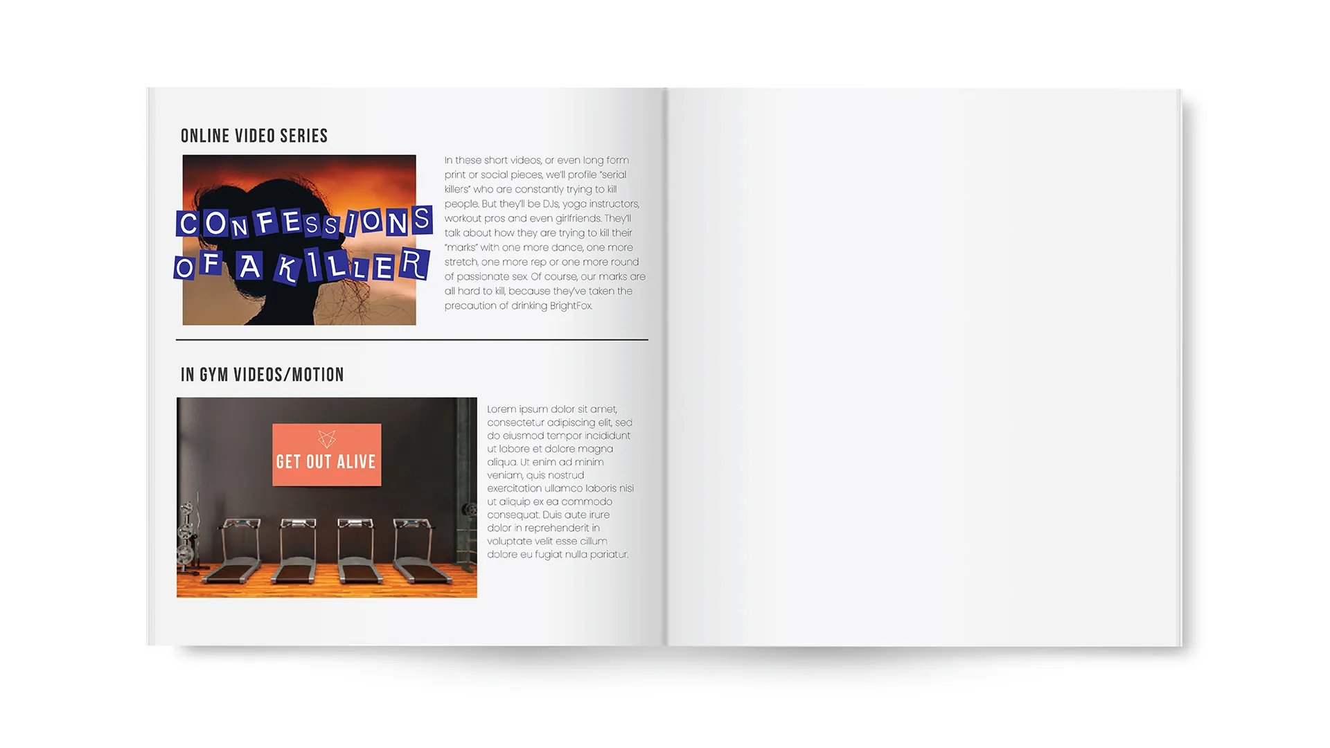 Open book showing two sections: 'Online Video Series' with a sunset silhouette of a woman and 'Confessions of a Killer' text overlay, and 'In Gym Videos/Motion' featuring four treadmills under a sign reading 'Get Out Alive.'