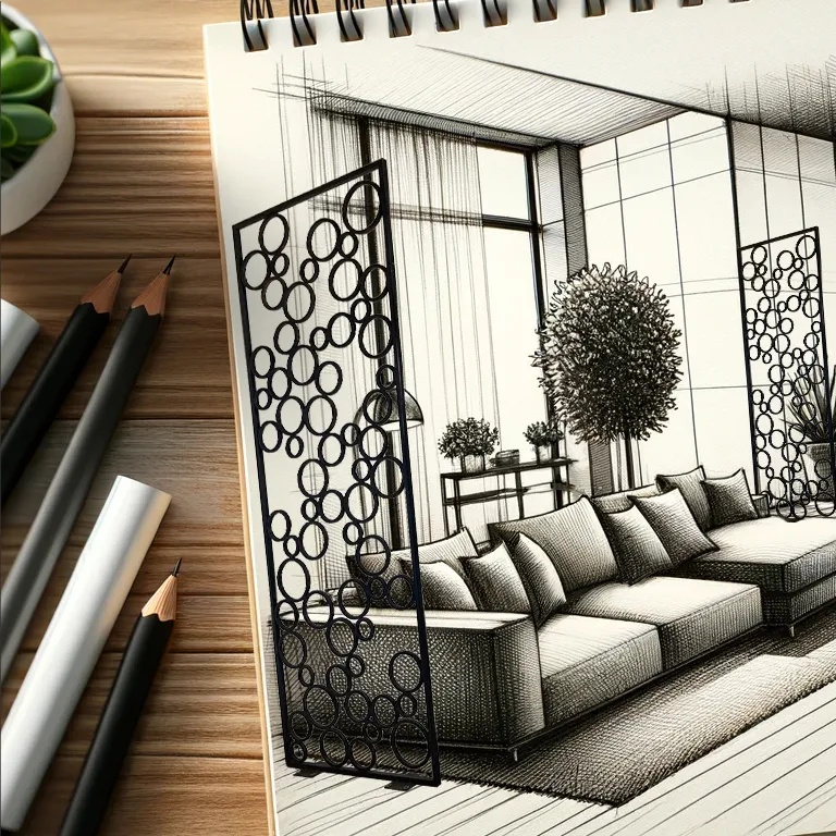 Sketch of a modern living room with a sectional sofa, decorative room divider with circular patterns, plants, and large windows.