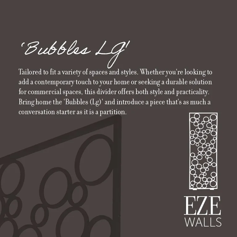 Text description of 'Bubbles Lg' room divider highlighting its style and practicality, accompanied by EZE Walls logo with bubble pattern.