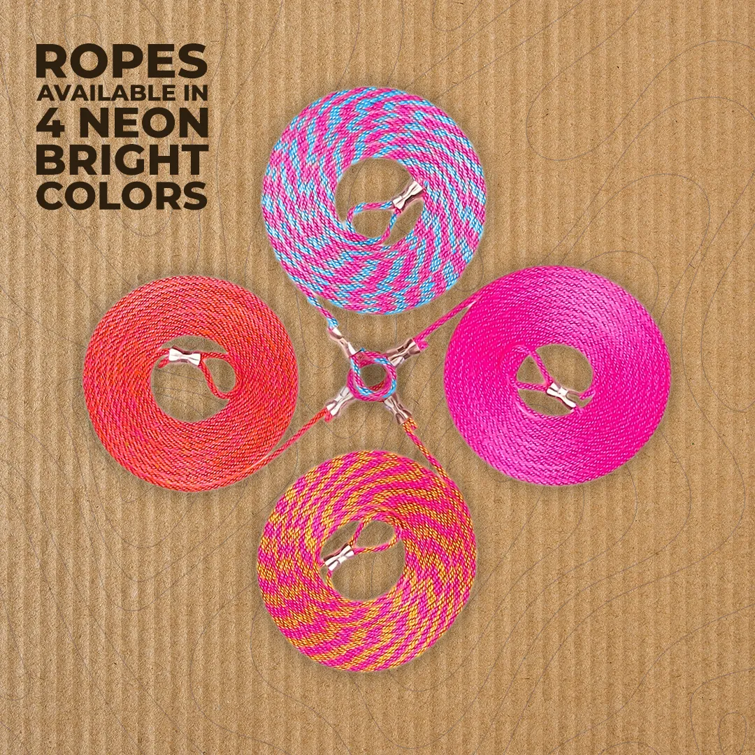 Four coiled ropes in neon bright colors pink, orange, pink and yellow, and blue and pink, arranged in a circle on a cardboard background with text 'Ropes available in 4 neon bright colors'.