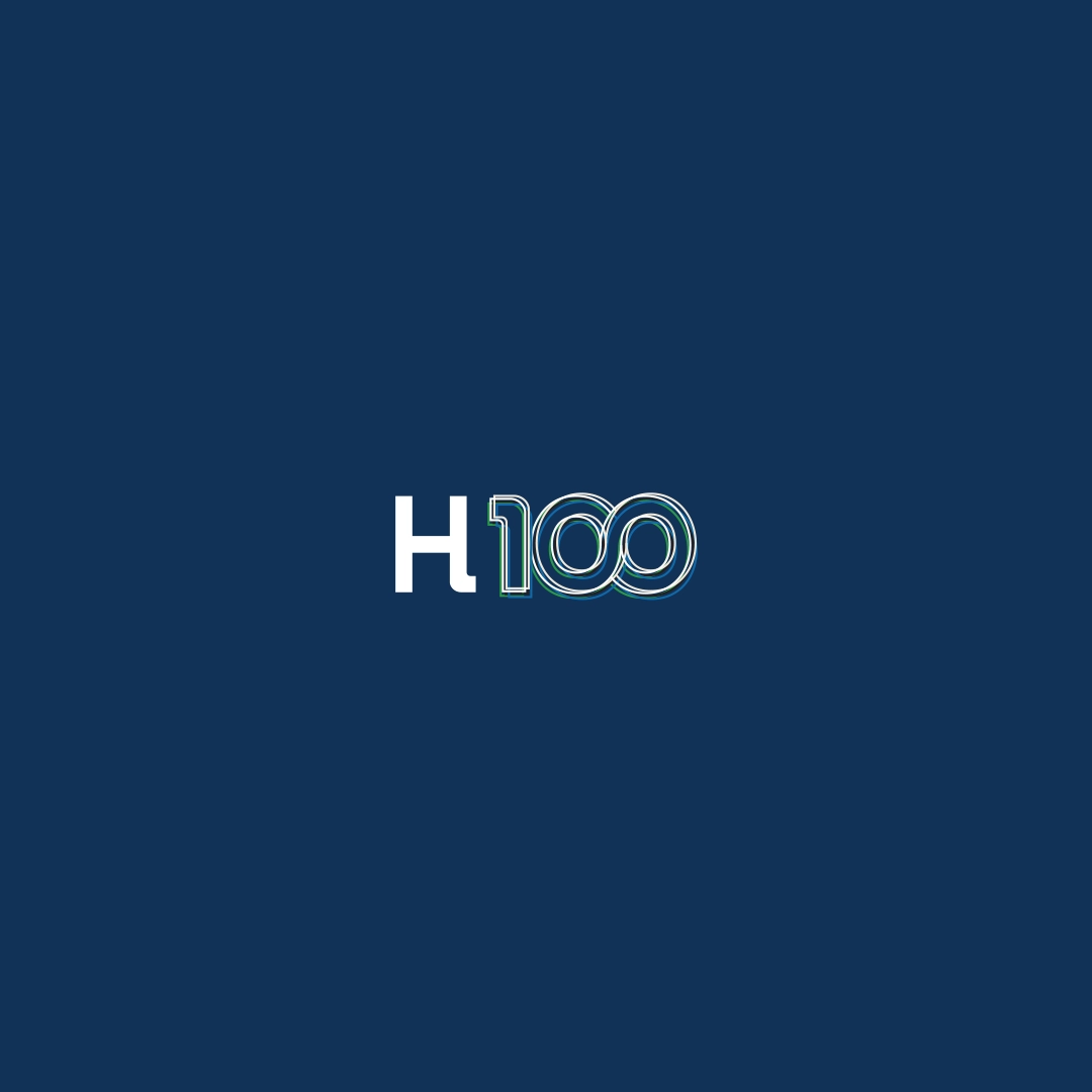 Holman 100 Year logo mark with a capital letter H followed by stylized number 100 on a dark blue background.