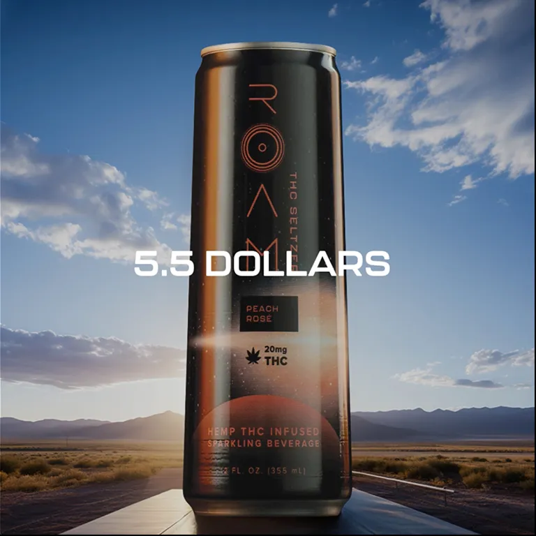 Can of ROAM THC seltzer labeled Peach Rosé with 20mg THC, priced at 5.5 dollars, against a desert sunset background.