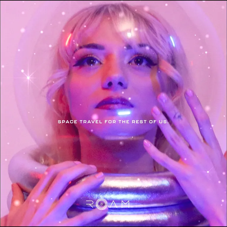 Close-up of a woman wearing a metallic space helmet with the text ‘Space travel for the rest of us’ and ‘ROAM’ logo.